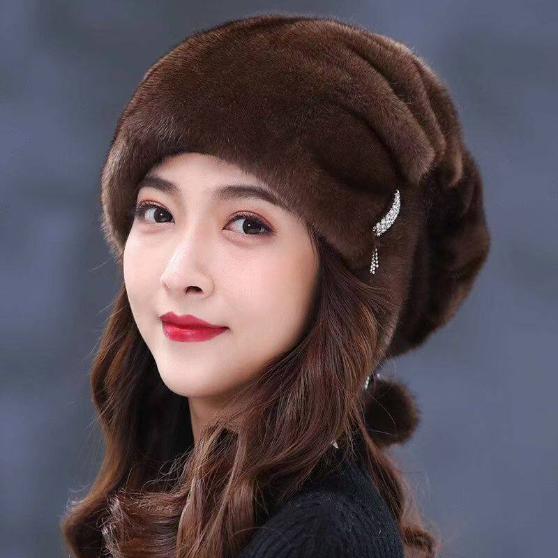 帽子女款2025新款冬加厚中老年水貂毛百褶保暖加厚大人洋气包头帽