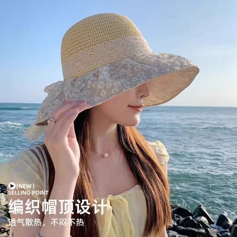夏季大帽檐蕾丝花边草帽渔夫帽女防晒遮阳帽韩版防紫外线旅游帽子
