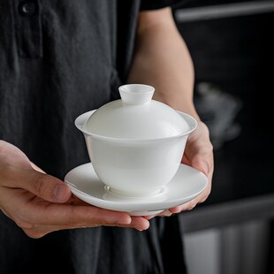高档茶道家用德化白瓷上釉羊脂玉瓷功夫茶品茗杯 冰种玉瓷盖碗套装