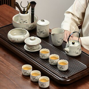 家用会客泡茶器高档功夫茶壶茶杯陶瓷提梁壶 富竹汝窑功夫茶具套装
