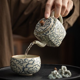陶瓷祥云四方壶家用客厅泡茶大容量球孔过滤汝窑开片可养茶具茶壶