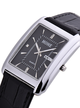 正品HOHE鸿鹤手表 男士长方形皮带双历防水石英表 时尚休闲男表