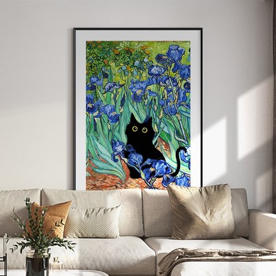 小黑猫闯入名画搞怪趣味装饰画小众艺术客厅背景墙挂画玄关柜摆画