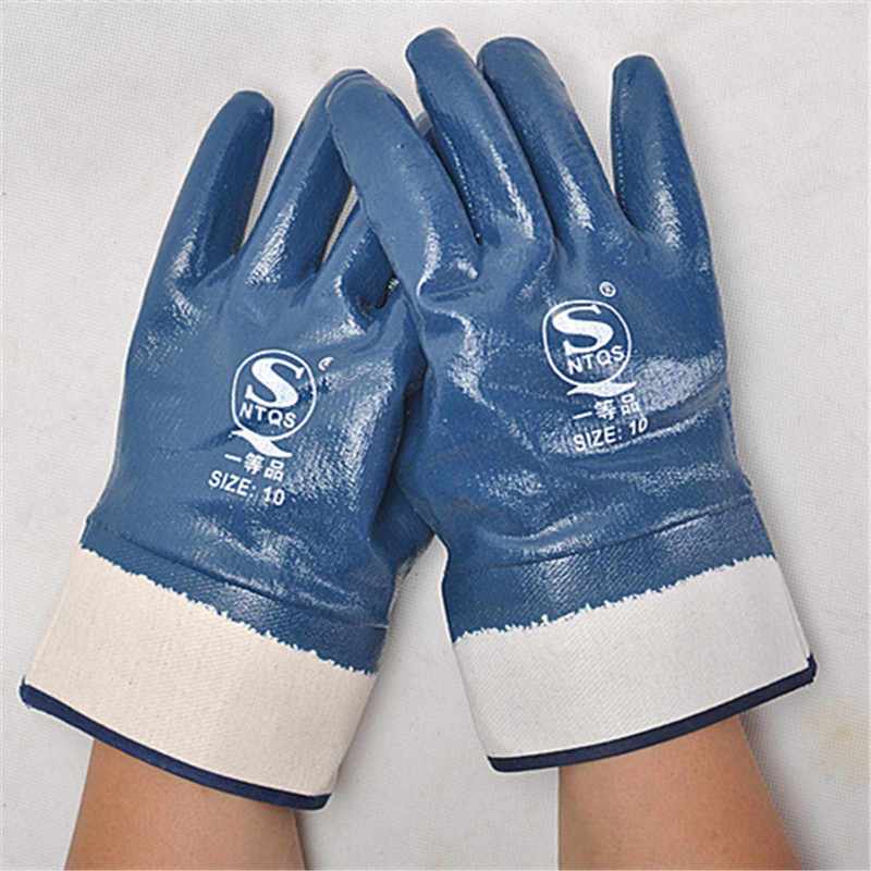 包邮大口蓝耐油全浸帆布劳保防油耐酸碱手套机修黄油粉刷内衬绒里