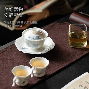 白瓷泡茶器茶碗 觅己手绘寒英三才盖碗茶杯家用不烫手功夫茶具套装