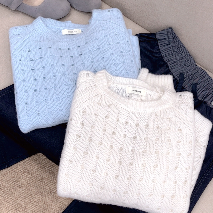 秋冬新品【网格全毛】编织镂空圆领套头纯色宽松厚感毛衣 U112S75