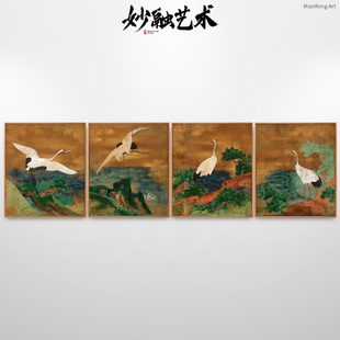 丹顶鹤中古风四联两联画新中式玄关装饰画背景墙挂画走廊壁画仿古