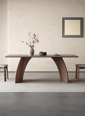 7K实木岩板餐桌现代简约胡桃色饭桌家用意式极简灰色长方形岩板餐