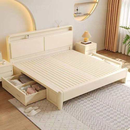 奶油风金丝胡桃木实木床1.8x2米双人主卧1.2米1.5米储物婚床简约