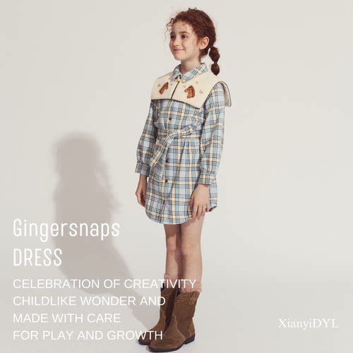 Gingersnaps秋冬现货女宝女童长袖纯棉连衣裙英伦风格纹纯色公主