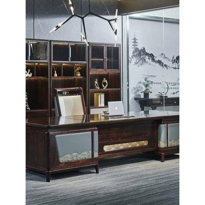 新中式办公桌北美胡桃木总裁桌实木大班台简约现代老板桌高级定制