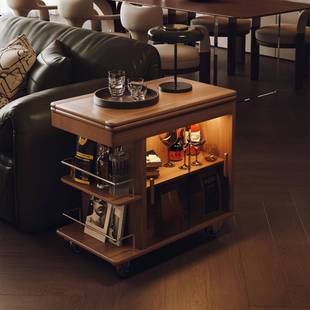 中古风纯实木茶几多功能可折叠茶水柜实木可移动边几推车沙发边柜