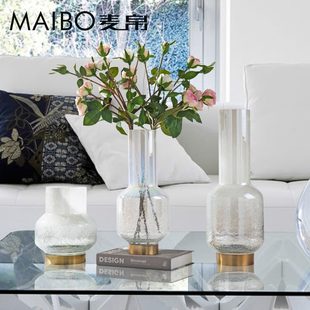 饰品 现代轻奢冰裂纹手工玻璃花瓶透明家用客厅样板间插花摆件装
