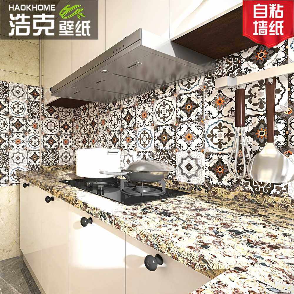 民族风花纹厨房贴纸防油PVC自粘灰色格子创意墙纸 餐厅玄关背景墙,家装主材,花片,淘宝优惠券,粉丝福利购,淘宝优惠卷