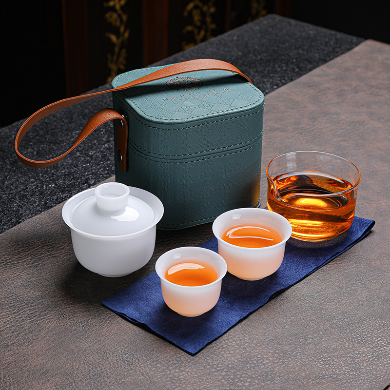 便携式旅行茶具小套装冰种玉瓷陶瓷盖碗茶杯一壶三杯快客杯户外
