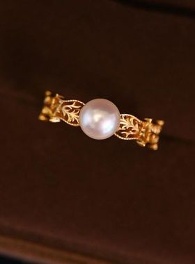 2025新款日系复古镀金珍珠贝母调节数字轻奢女士潮流个性戒指