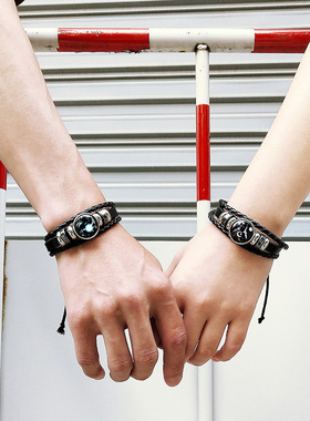 欧美时尚星座手工编绳情侣复古饰品皮质手链男女潮流百搭设计