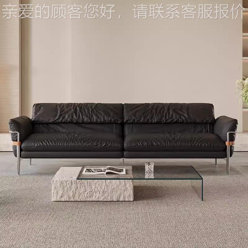 中古风意式极简黑色真沙大小户型客排446厅复古直三人位黑皮发绳