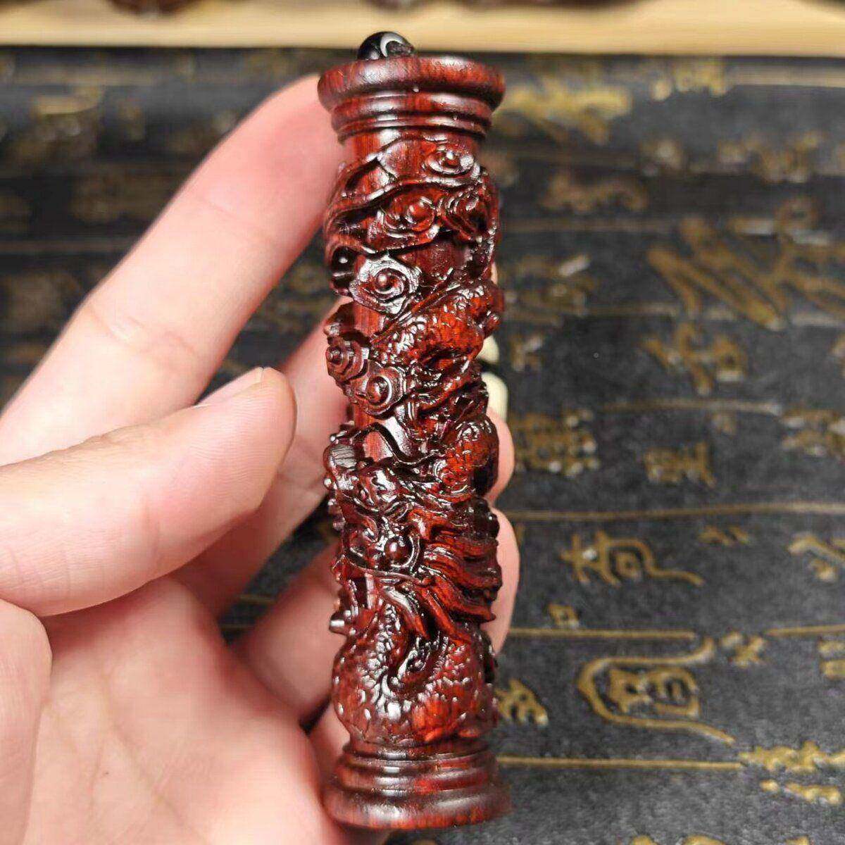 0厘雕米小叶紫檀木精生肖龙实CUS工艺品手把心盘龙1柱客厅家居装
