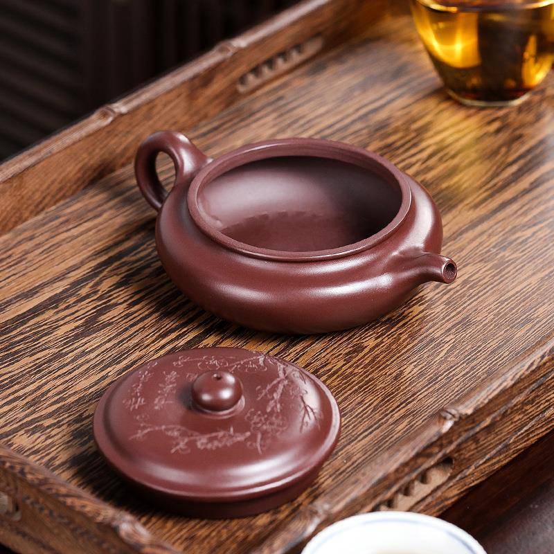 直播货宜兴原矿紫朱泥全手工紫砂壶寒梅扁腹仿古泡茶壶
