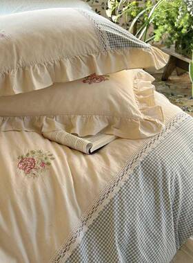 法式森件女复古刺绣公主风绿色小格床裙系荷子TSL叶边水洗棉四套