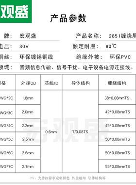 频线信2851#32wg屏蔽线2/3/4/5/音6/7a芯镀锡铜FZP丝小外径号连接