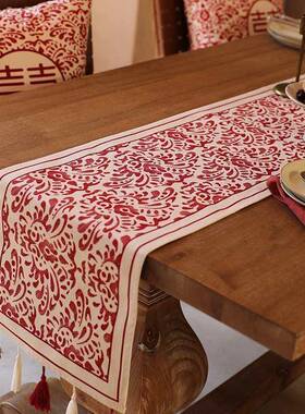 红色礼结婚旗茶几茶席婚长条桌婚庆桌布新中式轻奢床NYU尾巾流苏