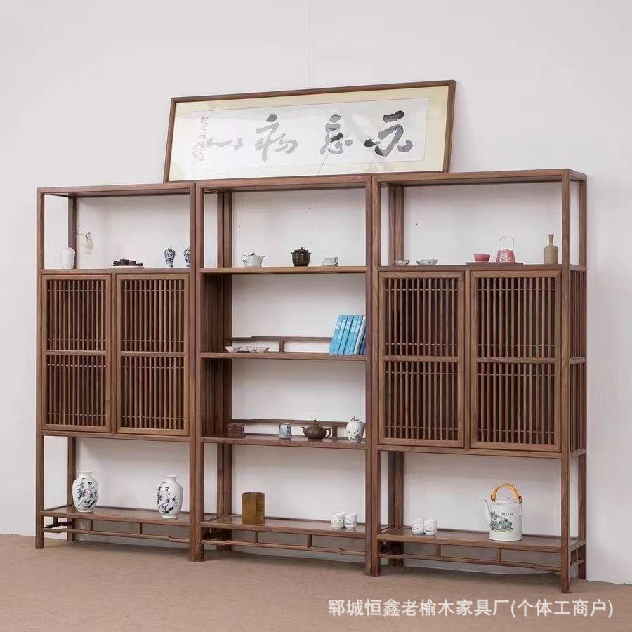 中式老新榆木书柜书架实客木ZLG博古架厅多用茶饼茶架具古董多宝