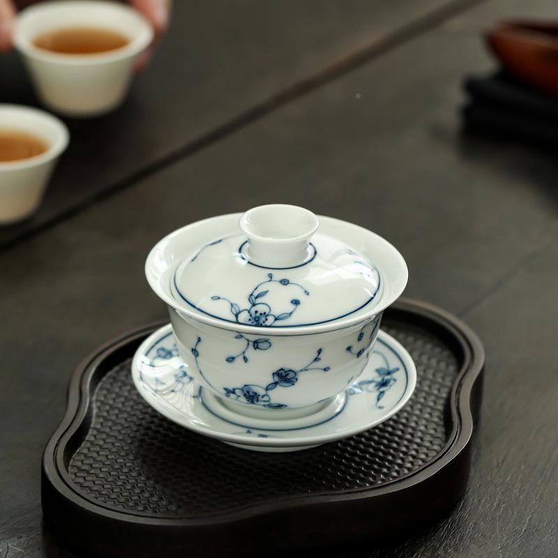 青瓷青花瓷手盖碗仿花古釉下绘陶瓷碗大号单个三才手泡盖茶纯手绘