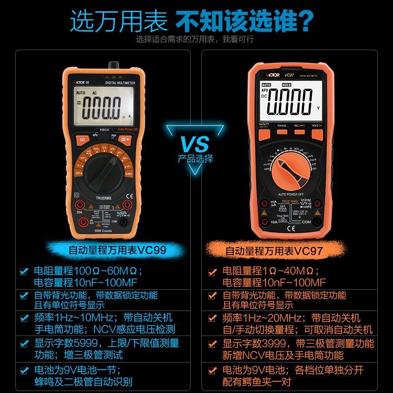 万用表数字智能自动量程VC99/97/17可测温度防烧高精度表