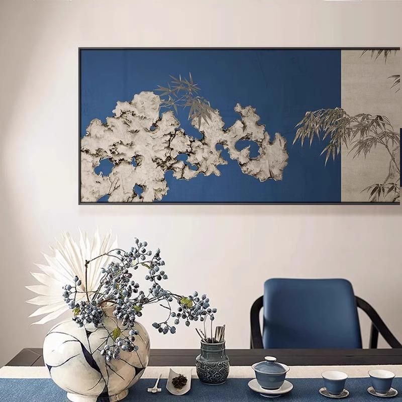 新中式竹石图客厅大幅横版挂画酒店餐厅包厢茶室轻奢大气装饰壁画