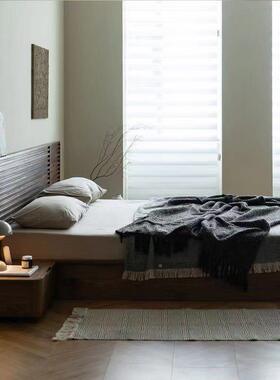 北美胡桃木实床简床约现代樱桃木床1木黑.OKF8米主卧榻榻米床落地