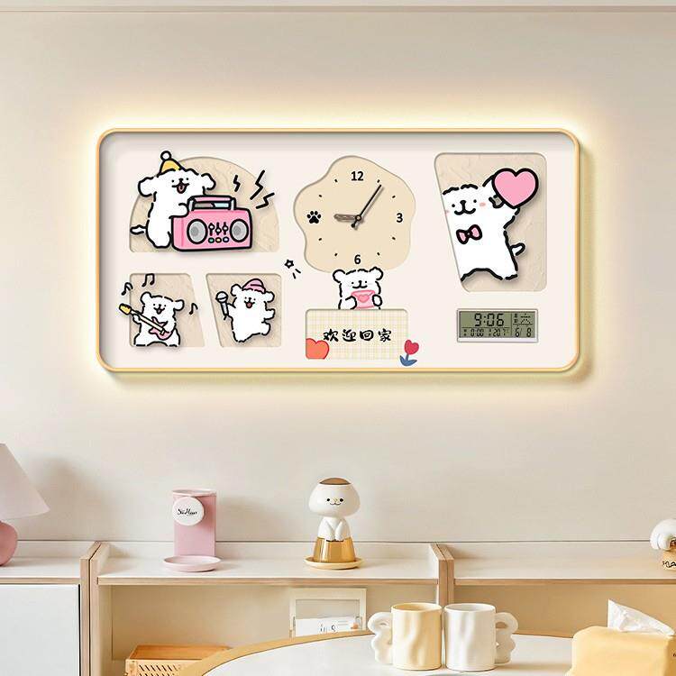 卡通小线条现代潮万年历电子时狗钟玩欢乐时光发光挂画