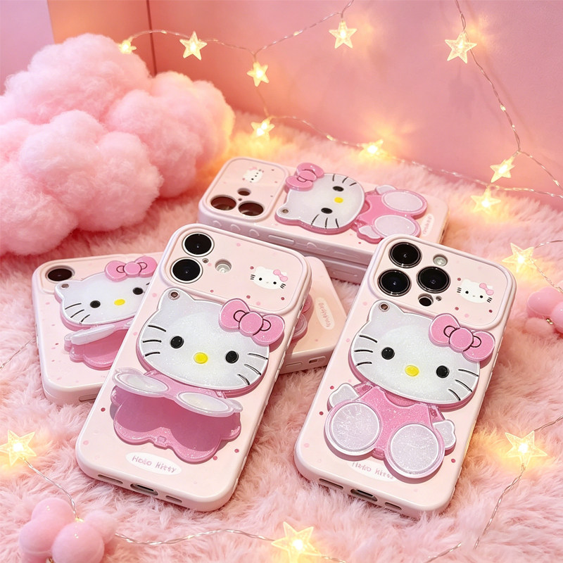 适用苹果17手机壳波点猫咪带镜子iPhone16支架15PROMAX新款14PLUS可爱13/1211大视窗IP17PRO夏季15防摔软壳14