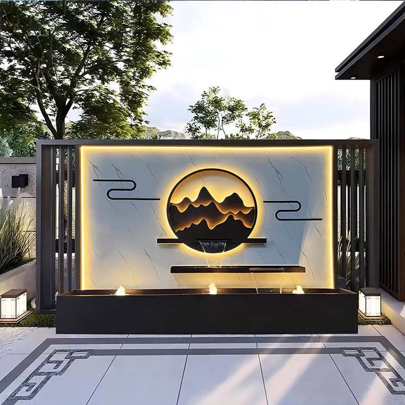 定制新中式不锈钢户外迎门深咖色屏风园林庭院别墅影壁流水景观墙