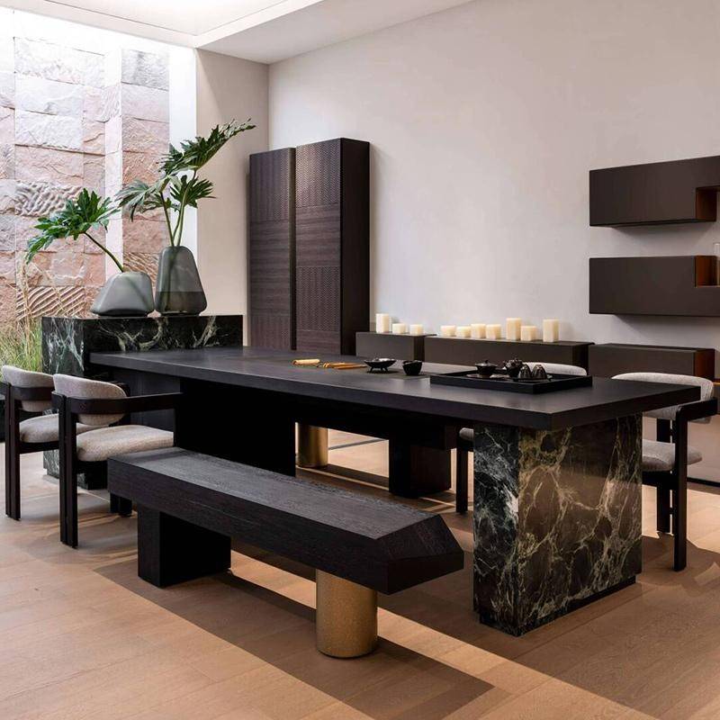 需定制新中式实木茶桌高端胡桃木岩板家用碳化黑大板茶台2025新款