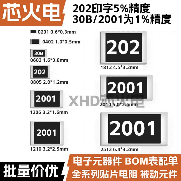 2K欧 贴片电阻 精度5%/1%网版印刷:202/2001/30B 0603 0805 1206