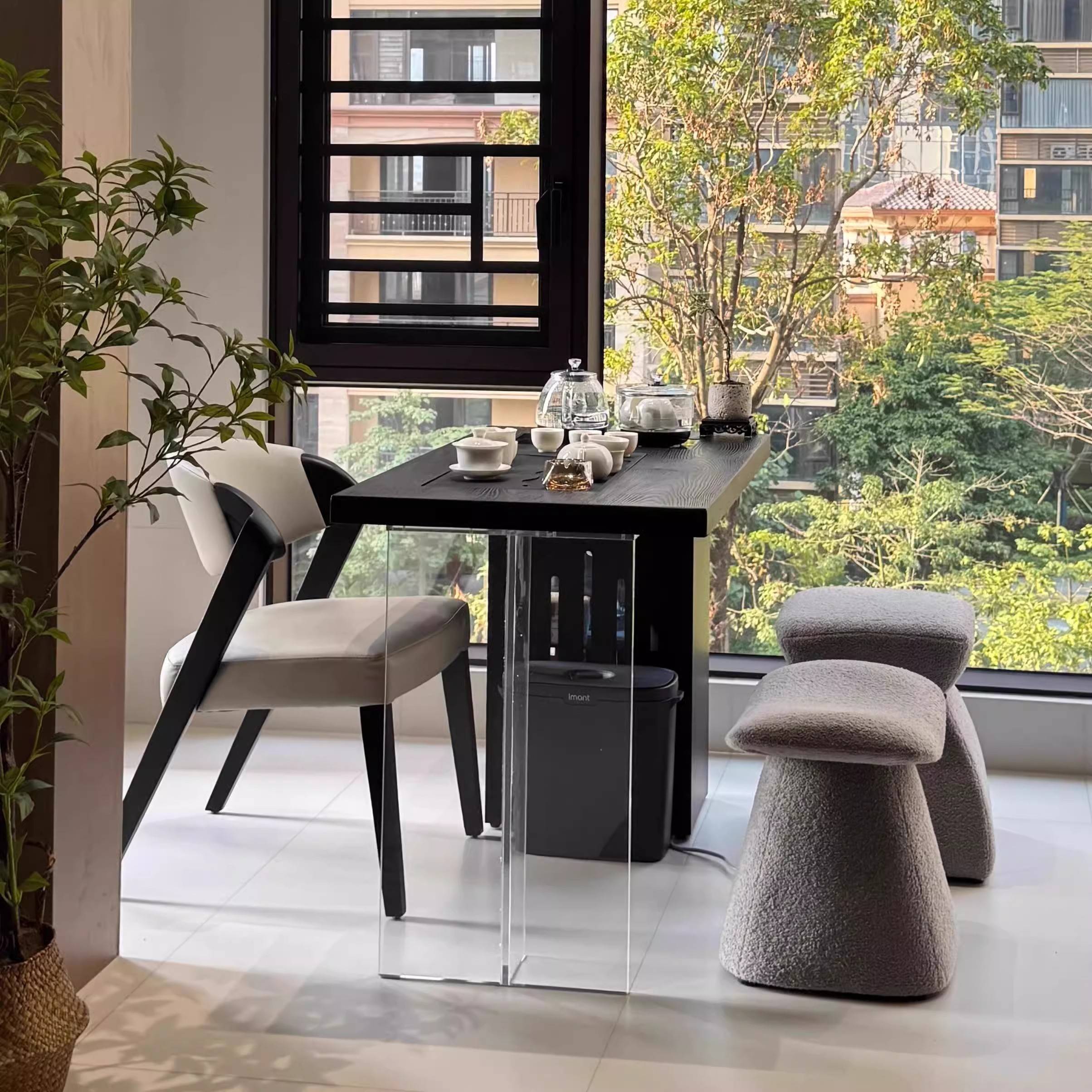 需定制阳台茶桌椅组合实木亚克力悬浮茶桌家用客厅高级感茶几烧水