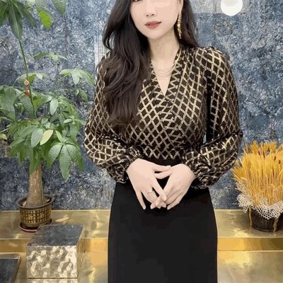 速发烫金格子V领灯笼袖T恤打底衫高级感法式小衫潮港风黑色上衣