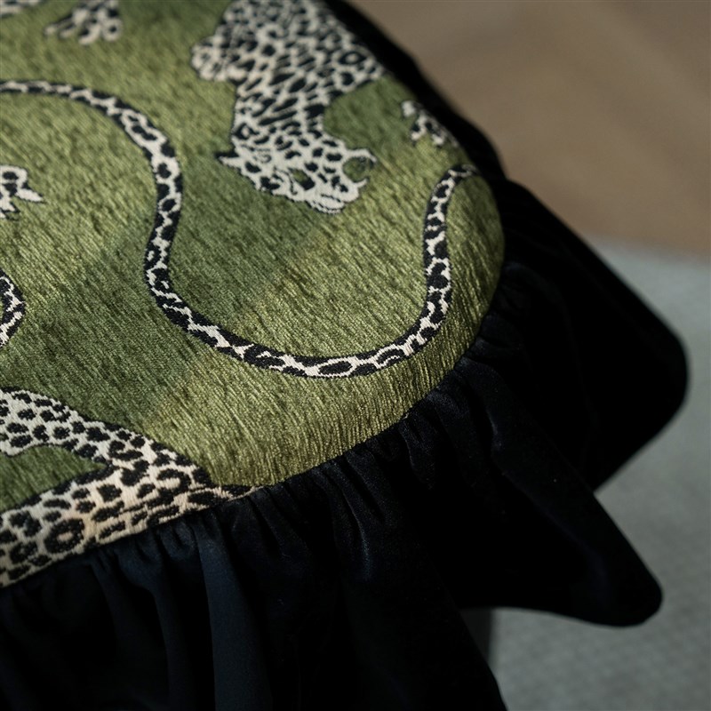 绿色豹纹c法式椅垫美式餐椅坐垫可拆洗全棉花边绑带布艺椅子垫