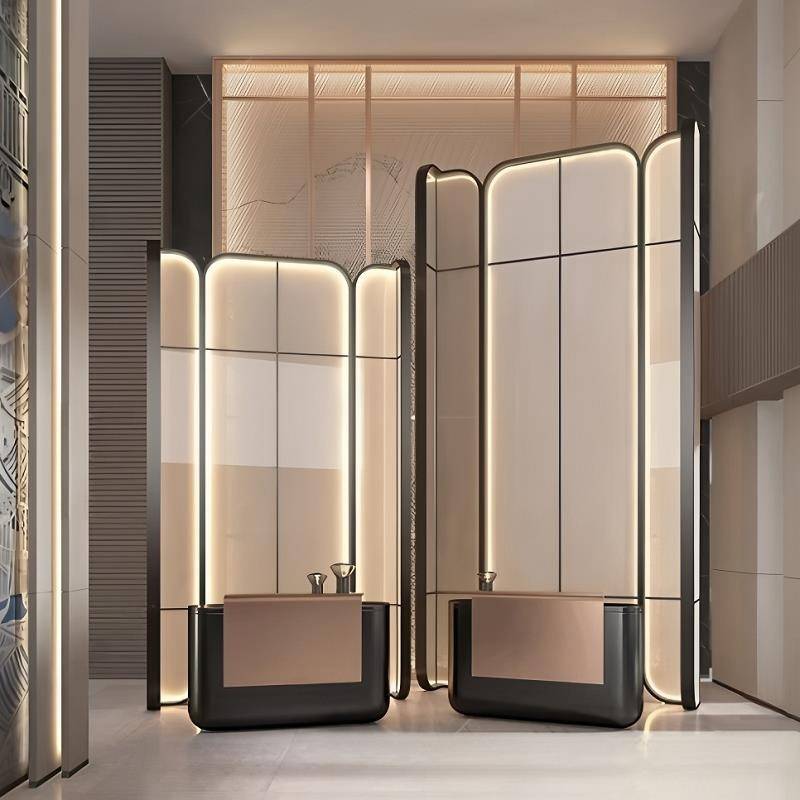 需定制不锈钢金属隔断夹丝玻璃新中式酒店餐厅前台大堂售楼部屏风