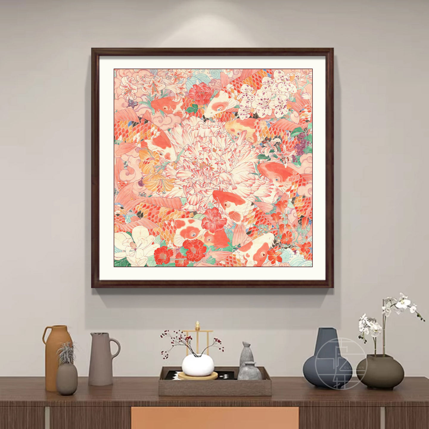中式玄关墙上装饰画莲花鲤鱼图饭厅艺术挂画九如图九鱼图客厅壁画