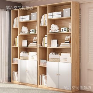 组合书柜带门防尘置物架展示柜儿童桌面收纳柜子 实木书架落地式