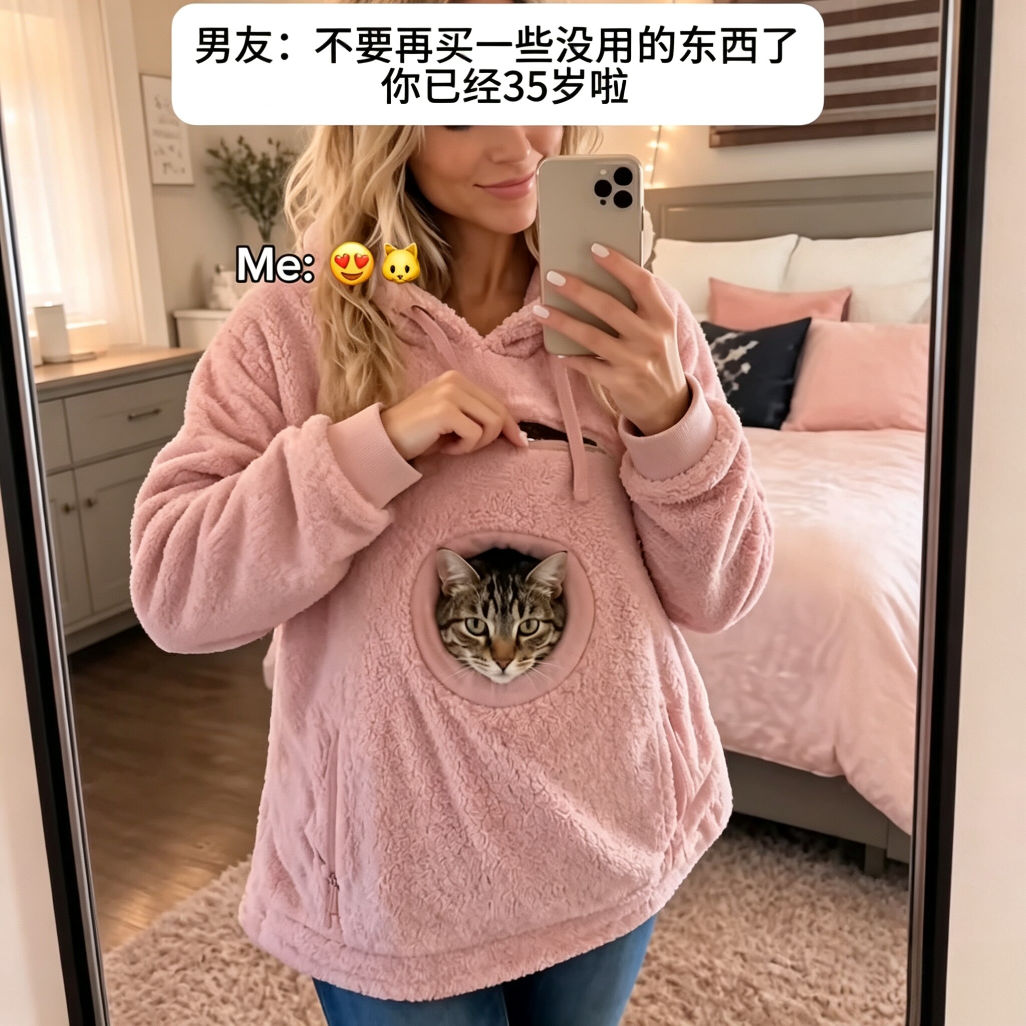 袋鼠妈妈！大口袋卫衣宽松冬季加厚保暖装猫神器宽松毛绒套头上衣