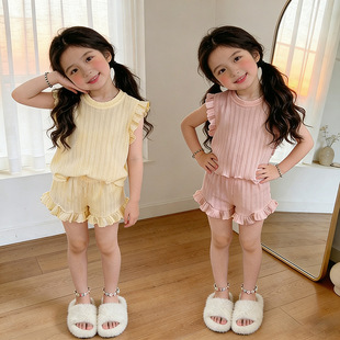 女宝宝荷叶边背心短裤 2026新款 甜美冰丝居家睡衣外穿 女童套装 韩版