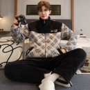 男士 棉袄加厚加绒保暖家居服套装 海岛绒三层夹棉睡衣男秋冬款 冬季