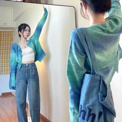 蓝绿色扎染针织开衫女春秋别致短款外搭温柔气质毛衣外套长袖上衣