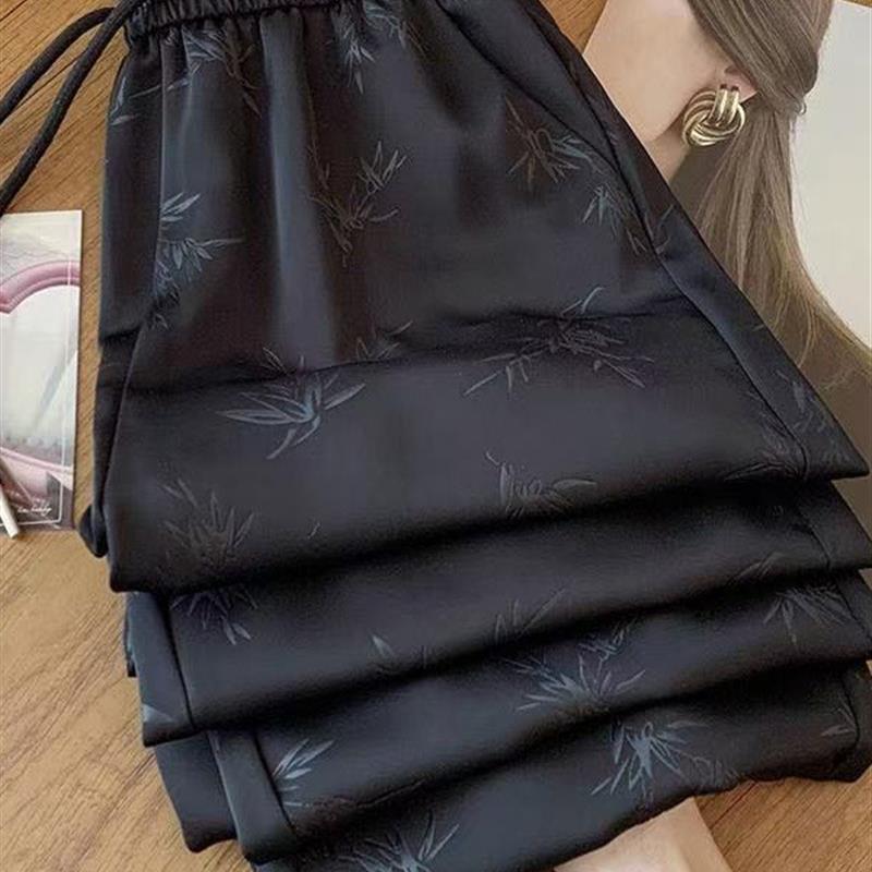胖MM大码新中式提花国风阔腿裤女夏季高腰垂感宽松印花凉凉直筒裤