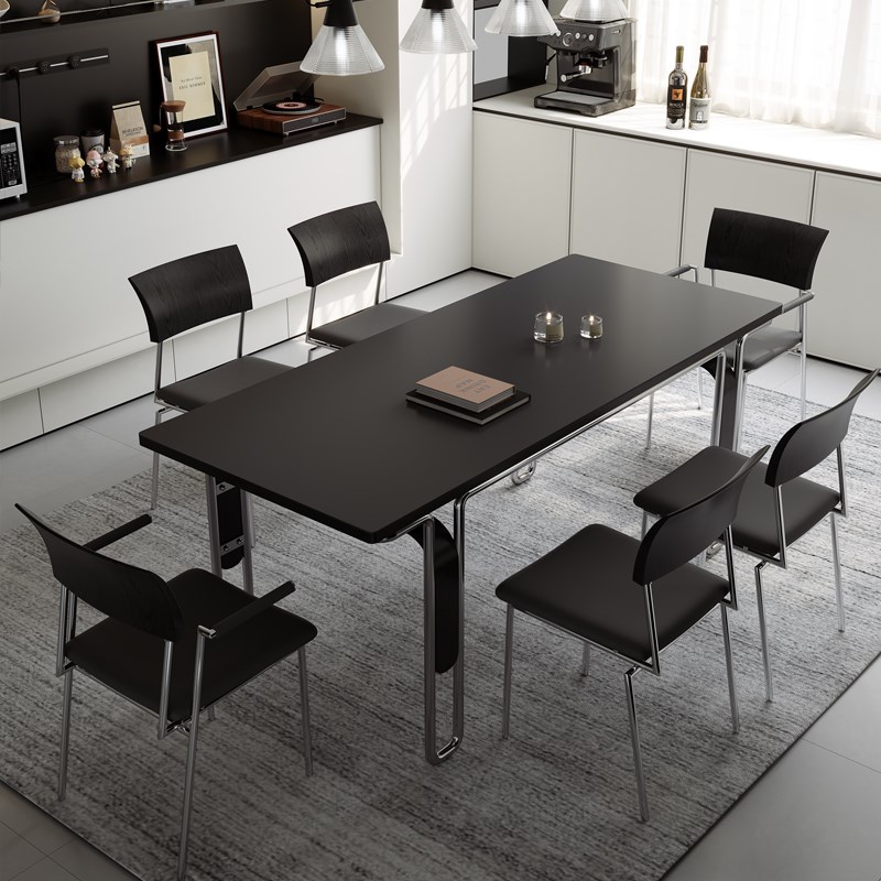 木小咖复古黑色岩板餐桌椅小户型家用现代简约侘寂长方形实木餐桌