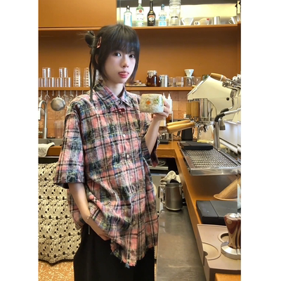 707红色扎染格子短袖衬衫